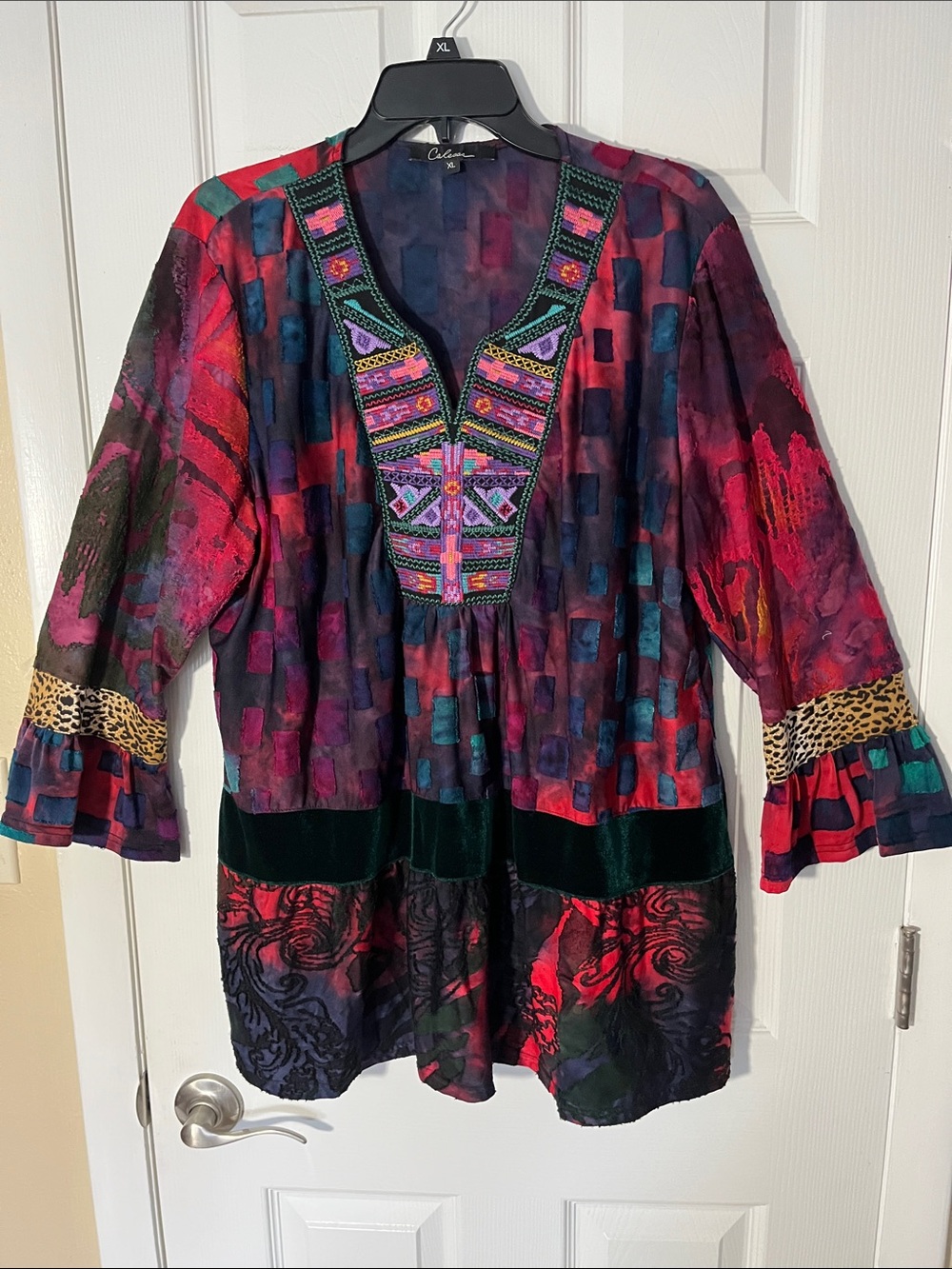Calessa boho embroidered tunic top bell sleeves patchwork velvet waist band XL